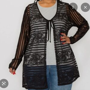 Coin1804 Black Lace and Sheer Stripe Tie-Front Cover Up Size 2x